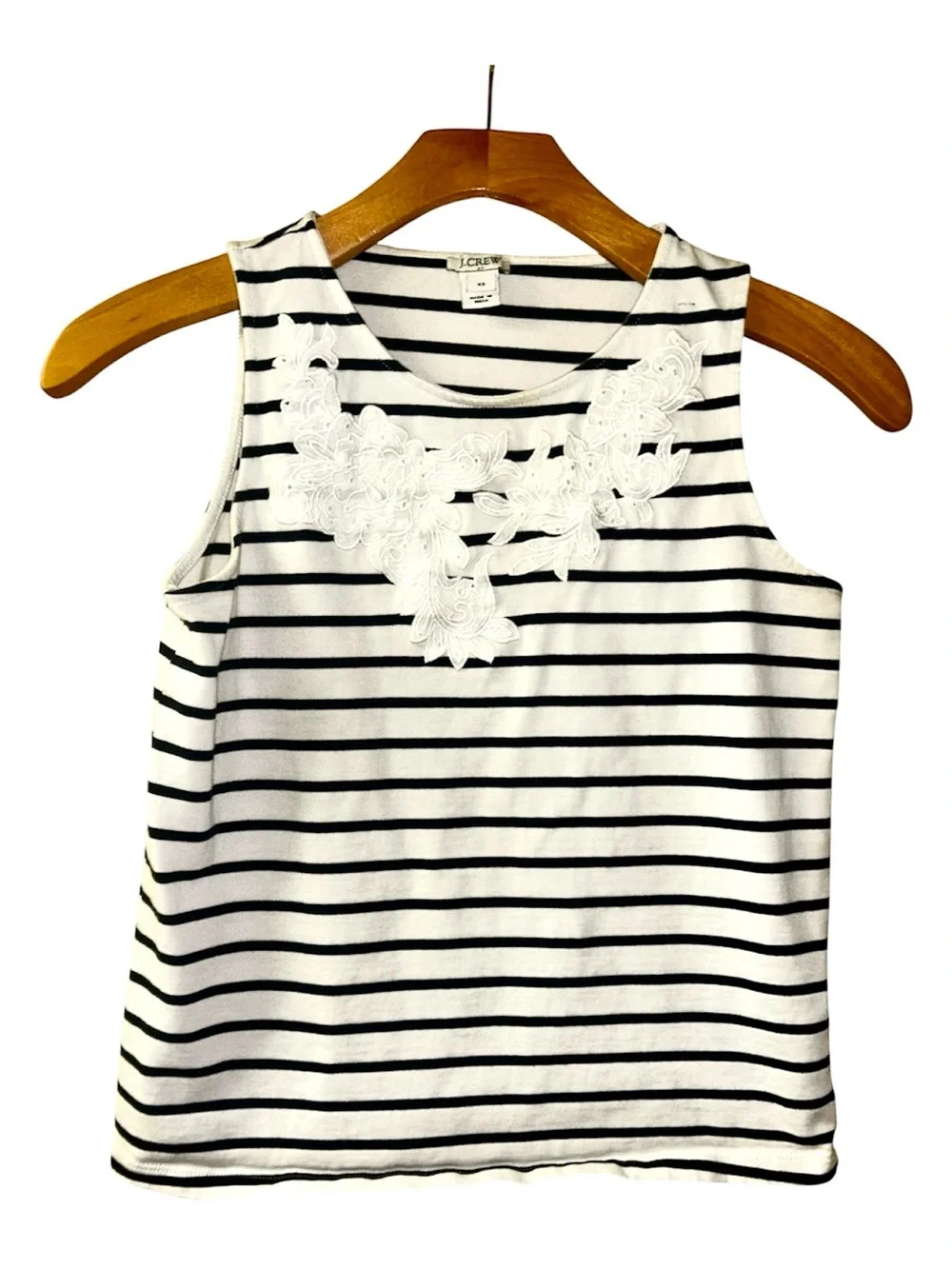 J. Crew White & Blue Striped Sleeveless Top with Lace Appliqué